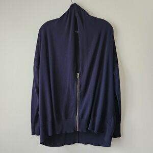 ZARA Knit Cardigan Women's M Navy Full Zip Pockets High Neck Minimalist Normcore